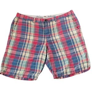 Tommy Bahama Plaid Shorts Mens 35 Red Blue Linen Tencel Blend Flat Front 9in